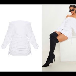 prettylittlething white ruched bardot dress